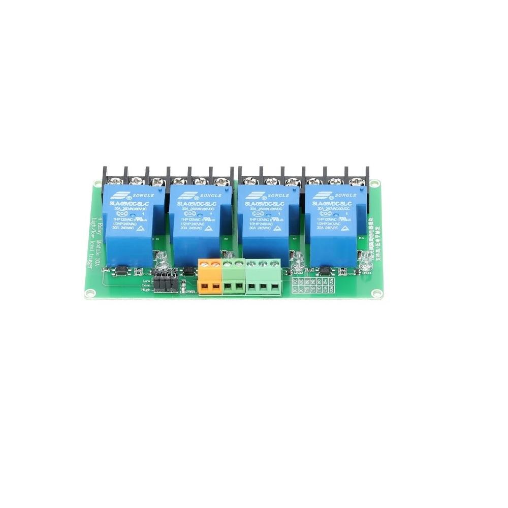 Relay module with four blue relays on a green circuit board against a white background