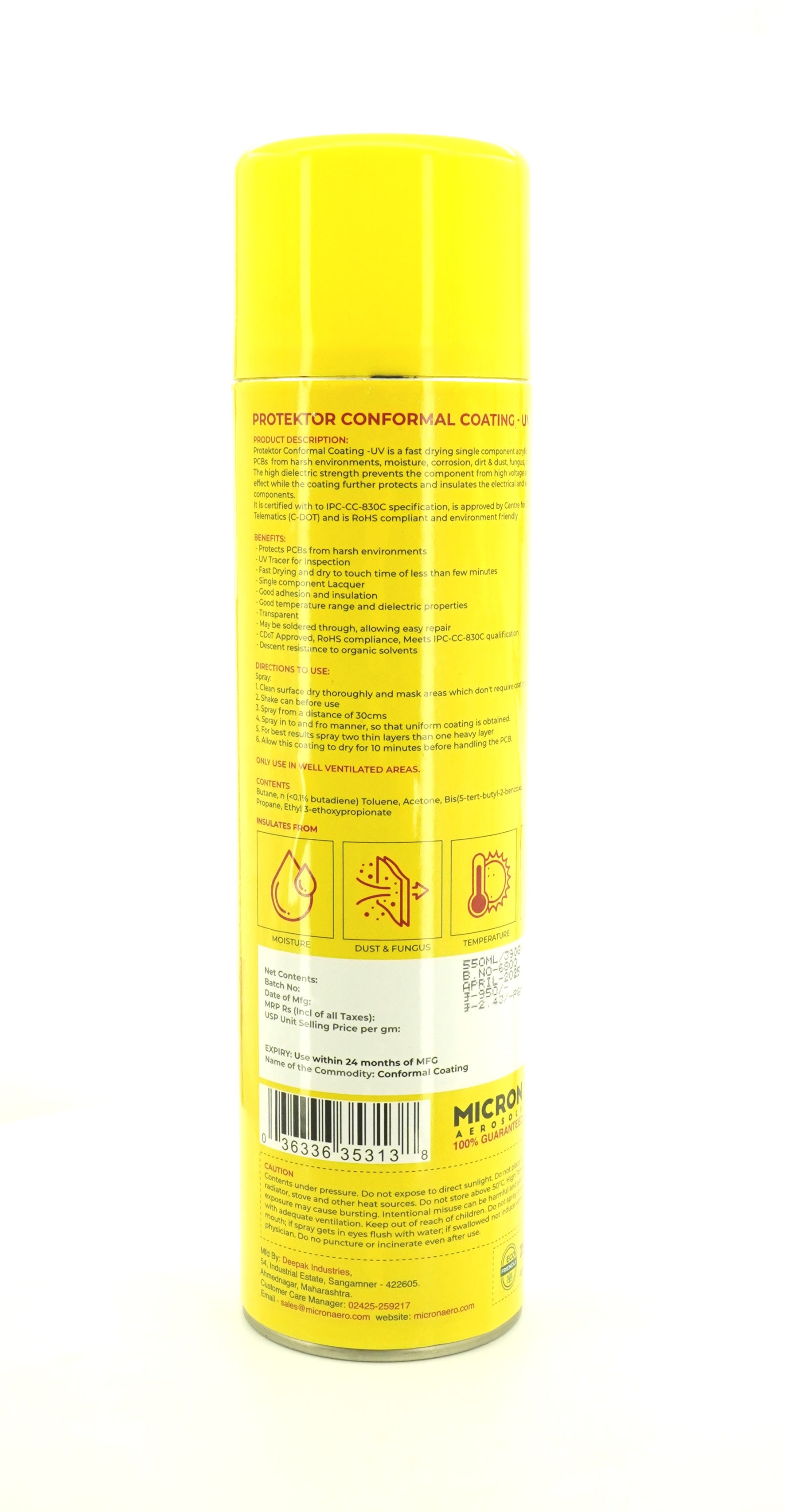 Protektor Conformal Coating Spray - UV for PCBs, Electronics | With UV Tracer - Glows under UV Light