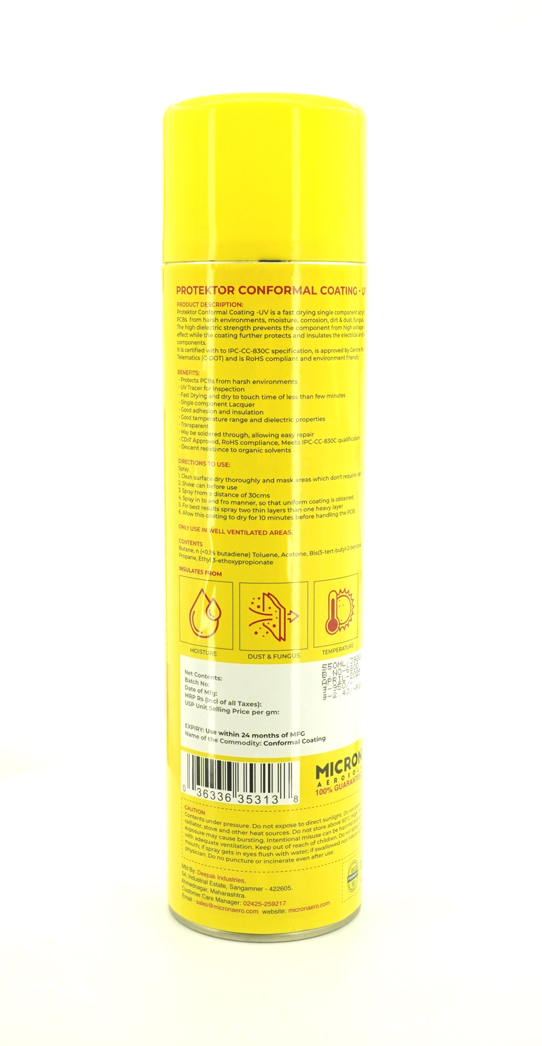 Protektor Conformal Coating Spray - UV for PCBs, Electronics | With UV Tracer - Glows under UV Light