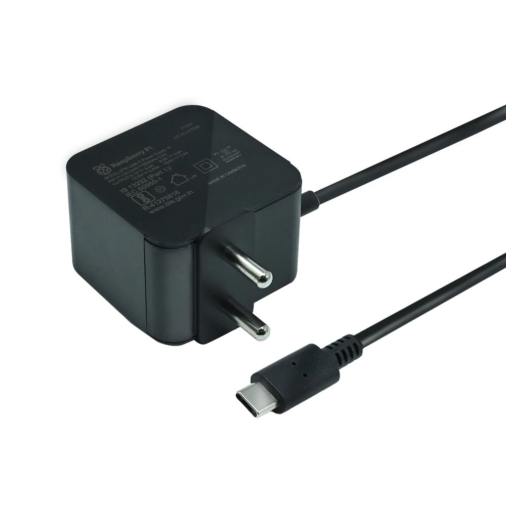 Official Raspberry Pi 5 27W USB-C PD Power Supply Black with 5.1V 5A Output and Indian Plug