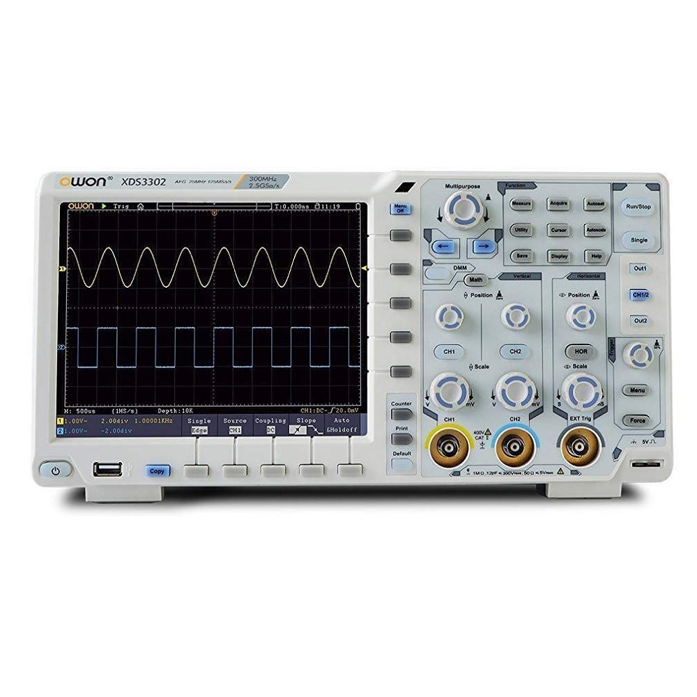 OWON XDS3302 Digital storage oscilloscope, 2ch, 300MHz, 2.5GS/s, 40M record length, Multi-Touch Screen, support SPI/I2C/RS232/CAN trigger & decoding+ VGA + Battery
