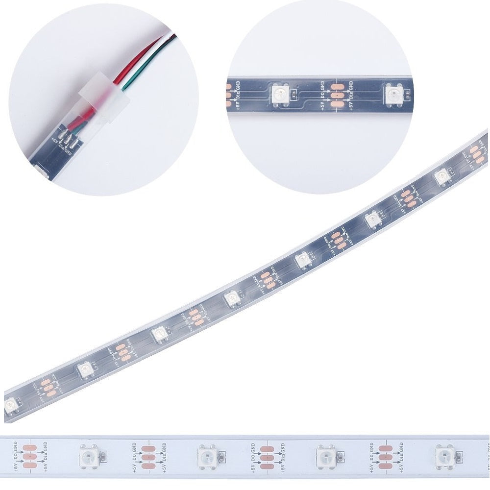 WS2812B Addressable RGB LED Strip - 5V - 60 LEDs / meter - Inbuilt chip - Black PCB - IP20 Non Waterproof - 1 Meter