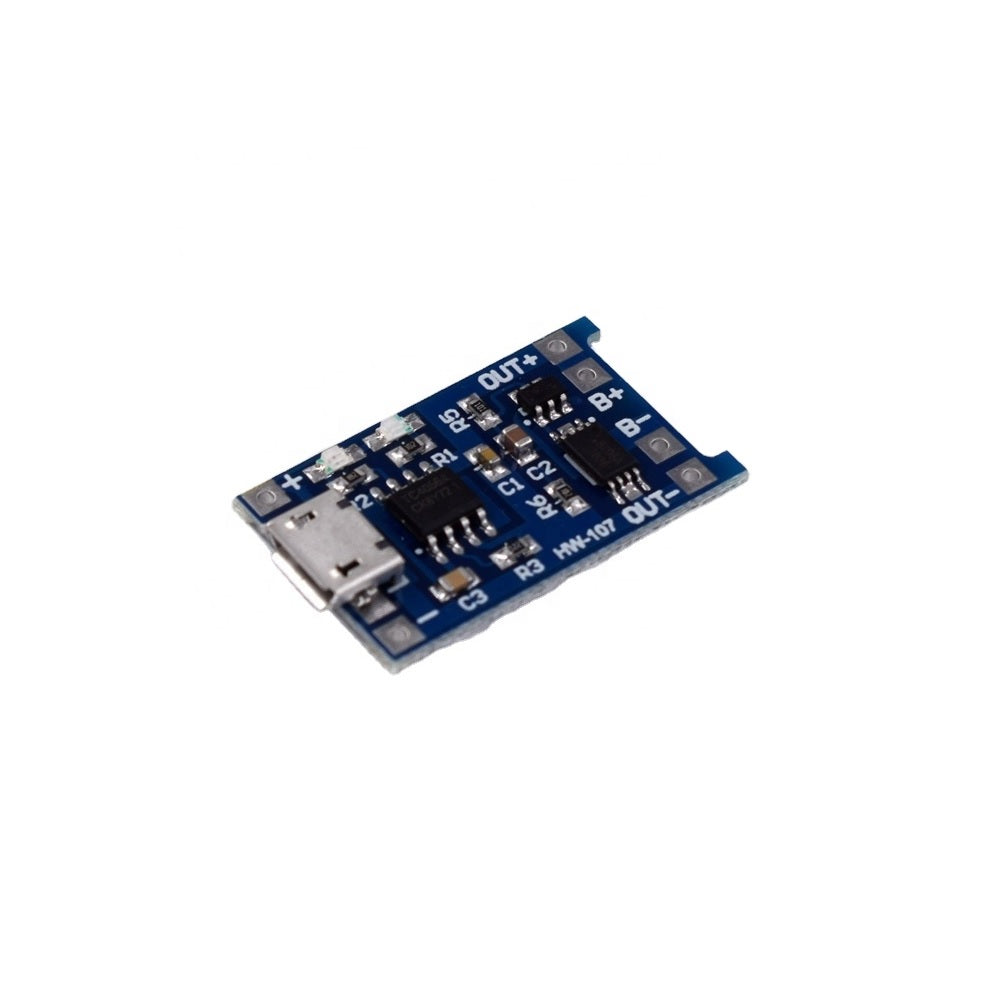 A blue TP4056 1A Li-Ion Battery Charging Board with micro USB input and current protection features.