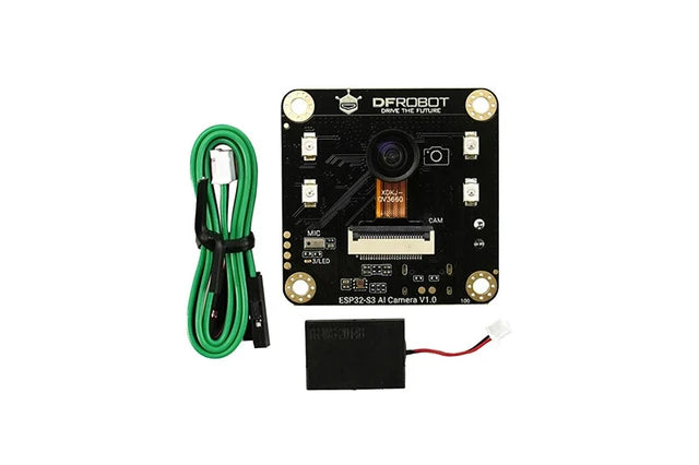 A black robotic camera board labeled 'DFROBOT' with a green cable, a small black battery, and white background.
