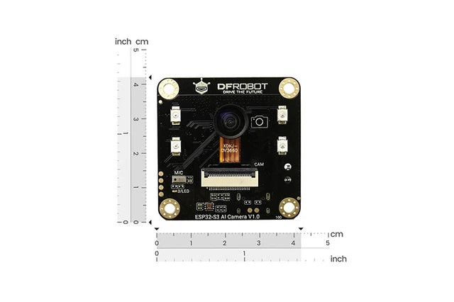A black Drobot ESP32 AI Camera V1.0 board with a central camera lens and gold-colored screw terminals, shown with measurement rulers on a white background.