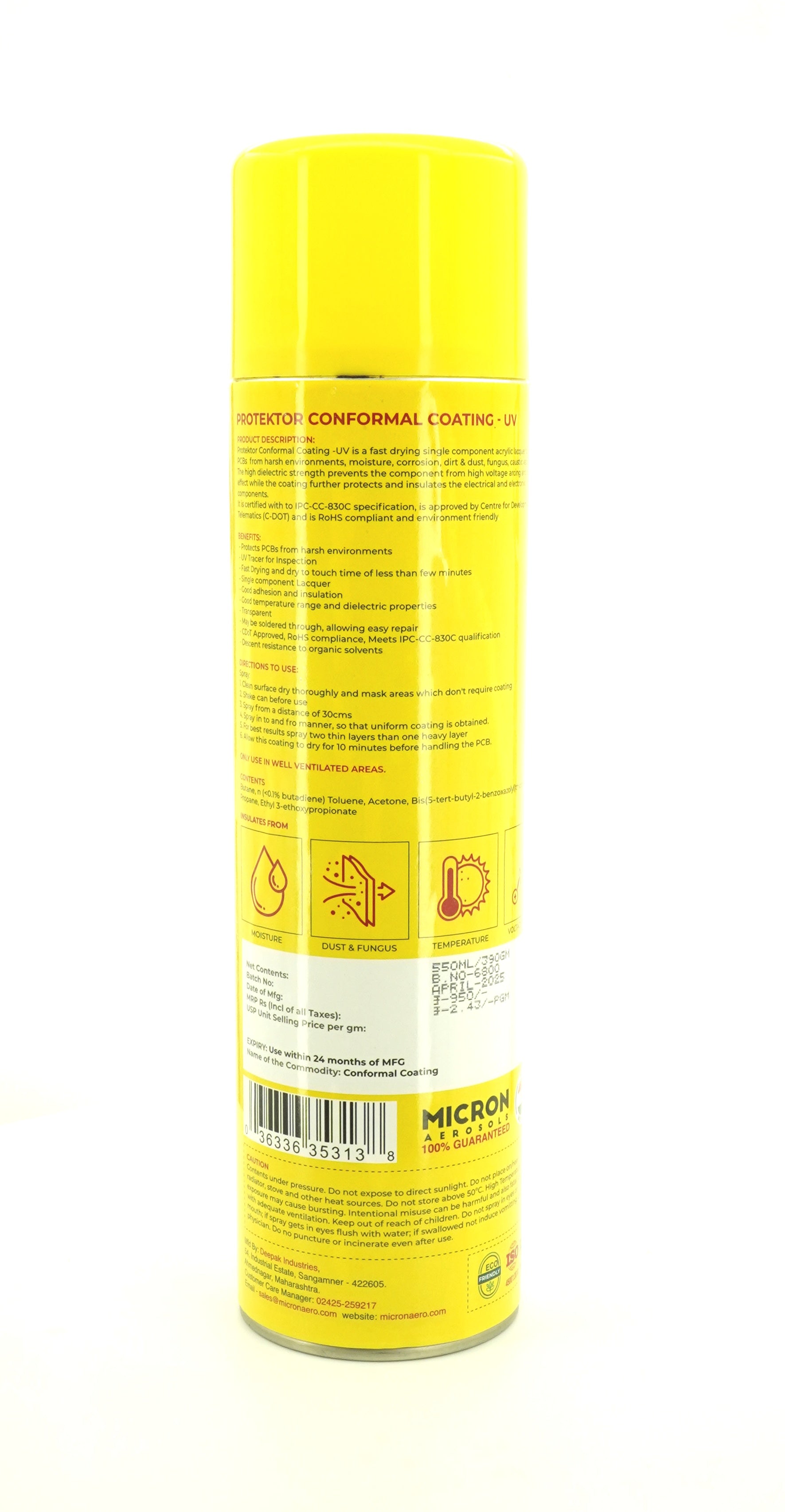 Protektor Conformal Coating Spray - UV for PCBs, Electronics | With UV Tracer - Glows under UV Light