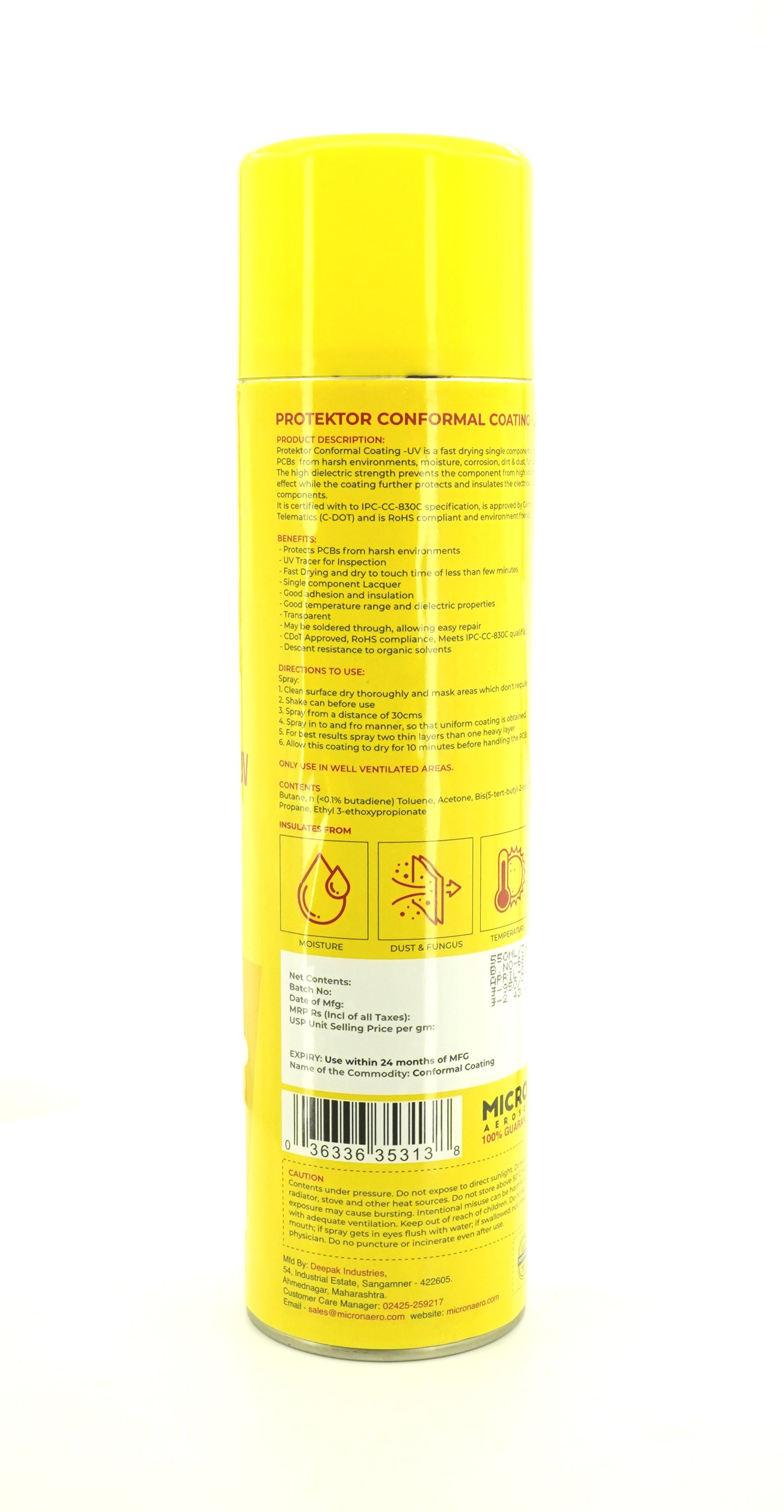 Protektor Conformal Coating Spray - UV for PCBs, Electronics | With UV Tracer - Glows under UV Light