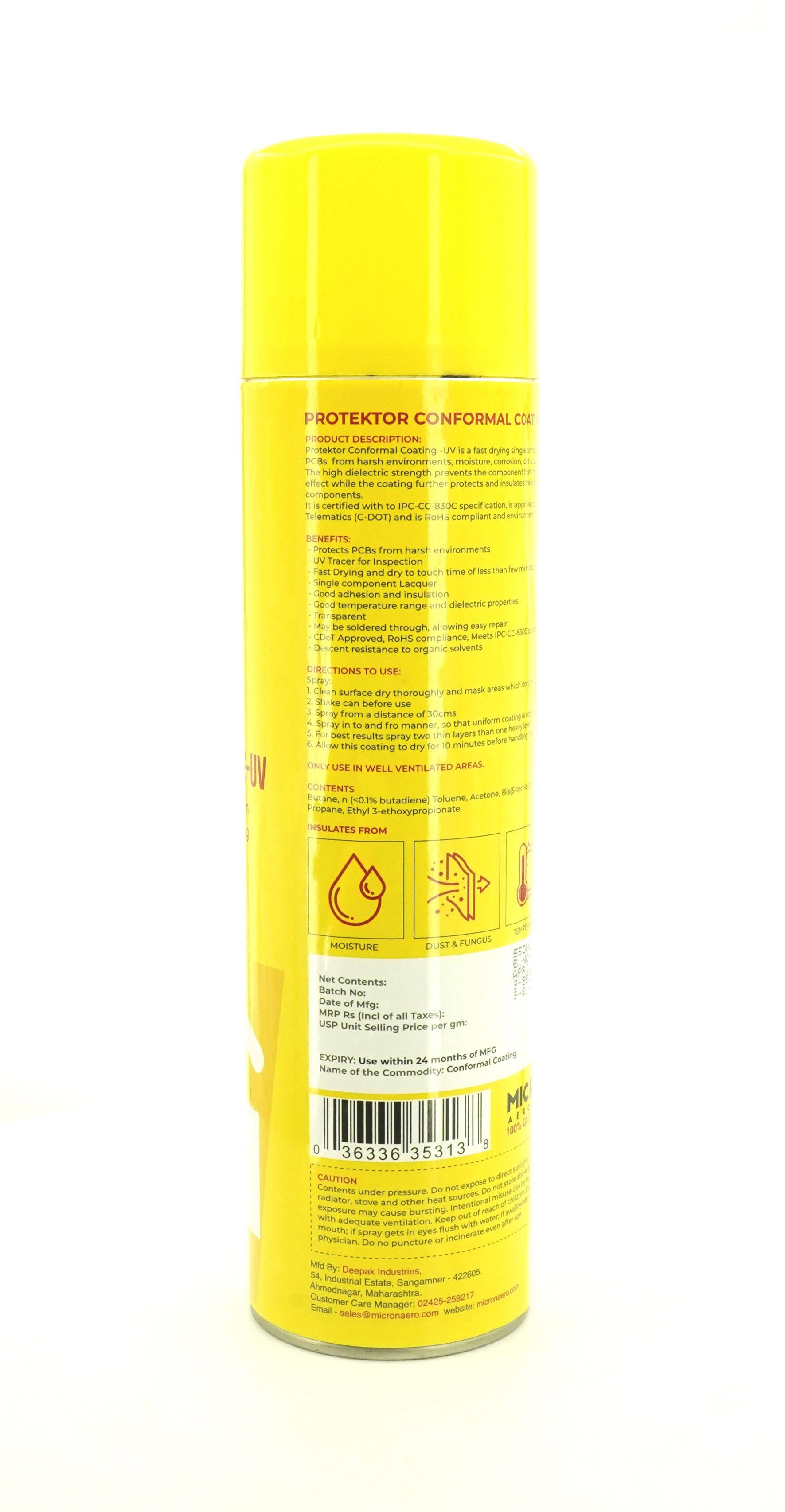 Protektor Conformal Coating Spray - UV for PCBs, Electronics | With UV Tracer - Glows under UV Light