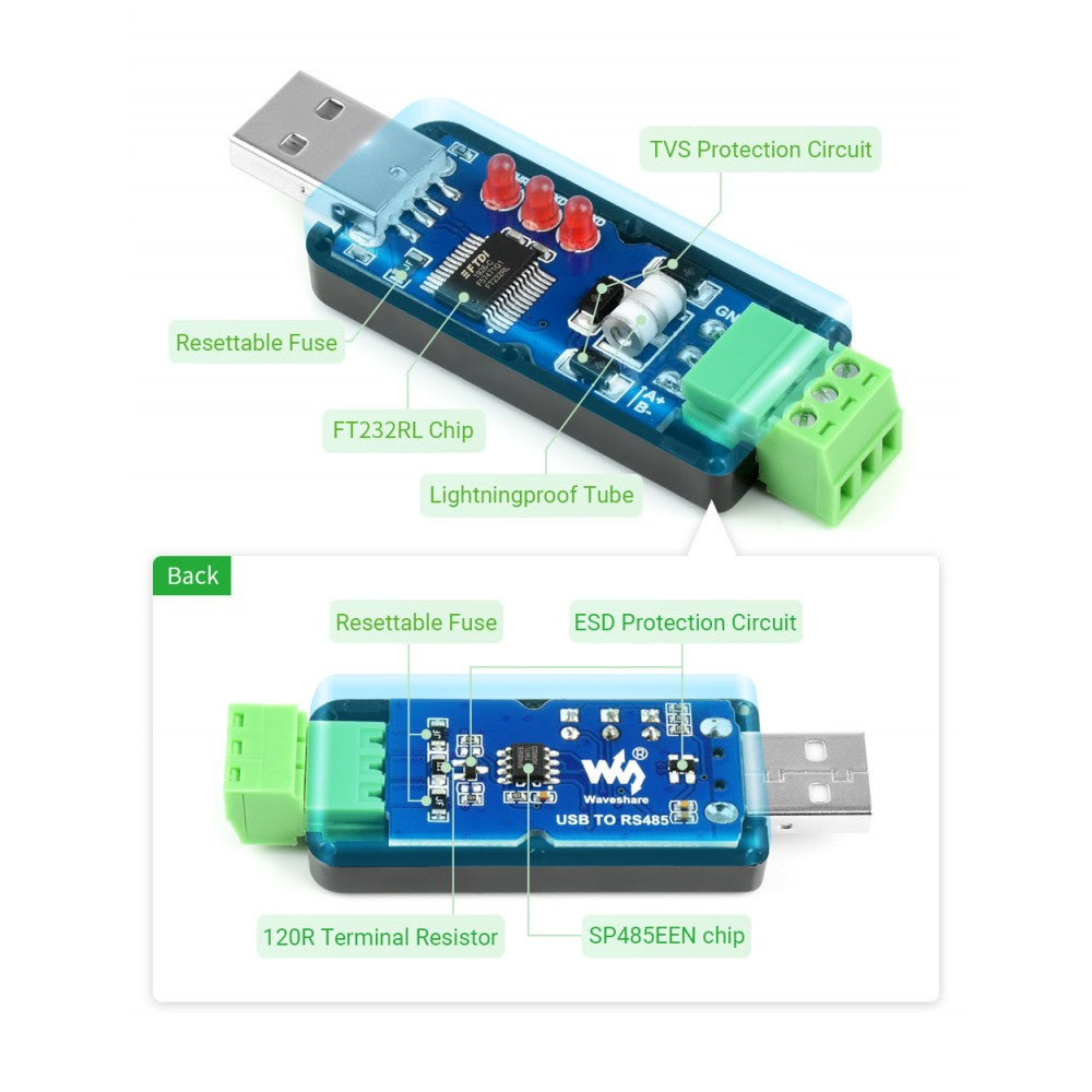 Industrial USB to RS485 Converter Onboard Original FT232RL And SP485EEN Waveshare