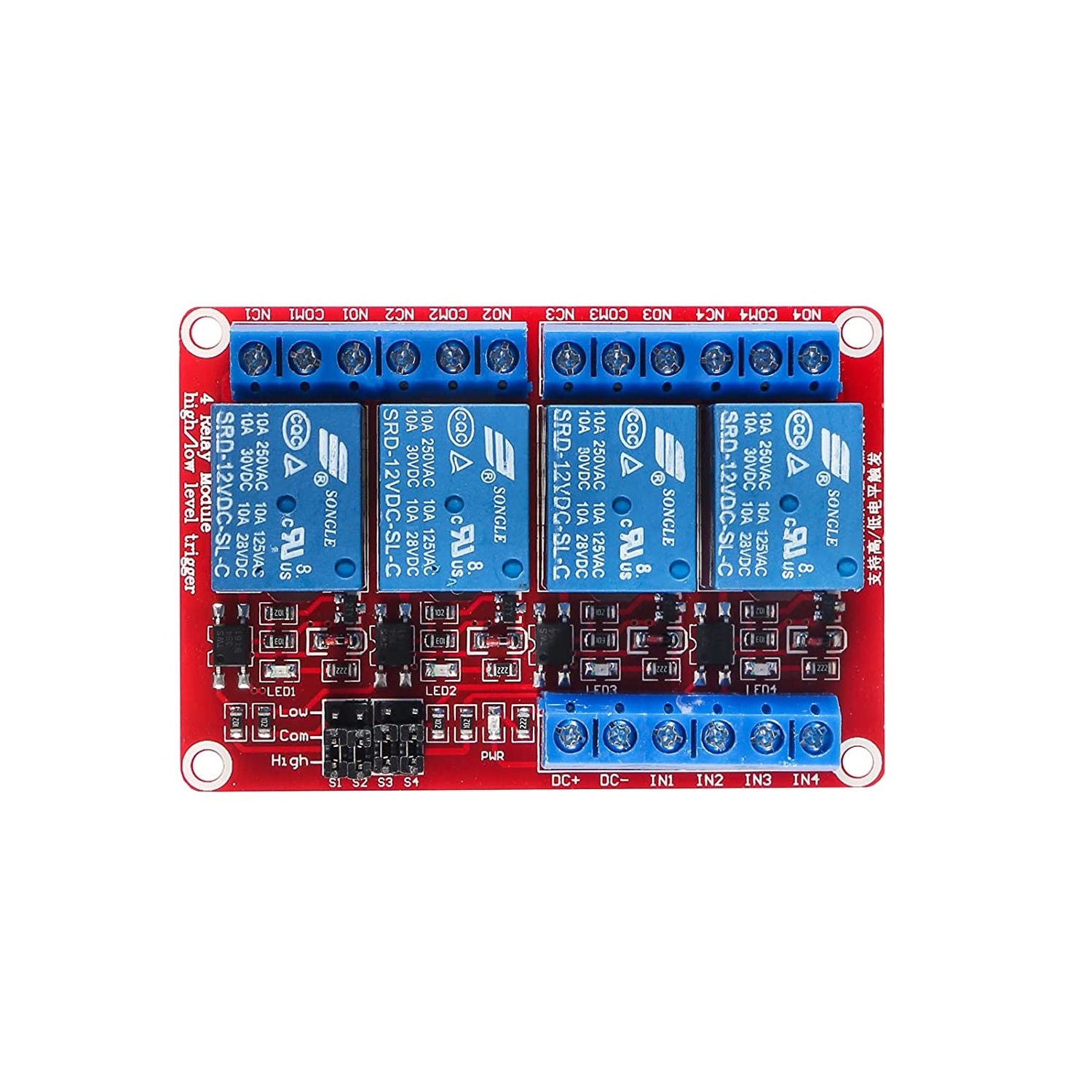 12V 4 Channel Optocoupler Relay Board with High/Low Trigger Power Indicator Module