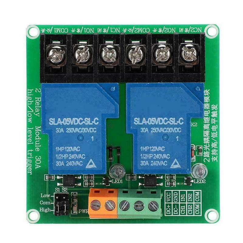 2 Channel Relay Module, 30A with Optocoupler, Isolation 5V Supports, High and Low Trigger