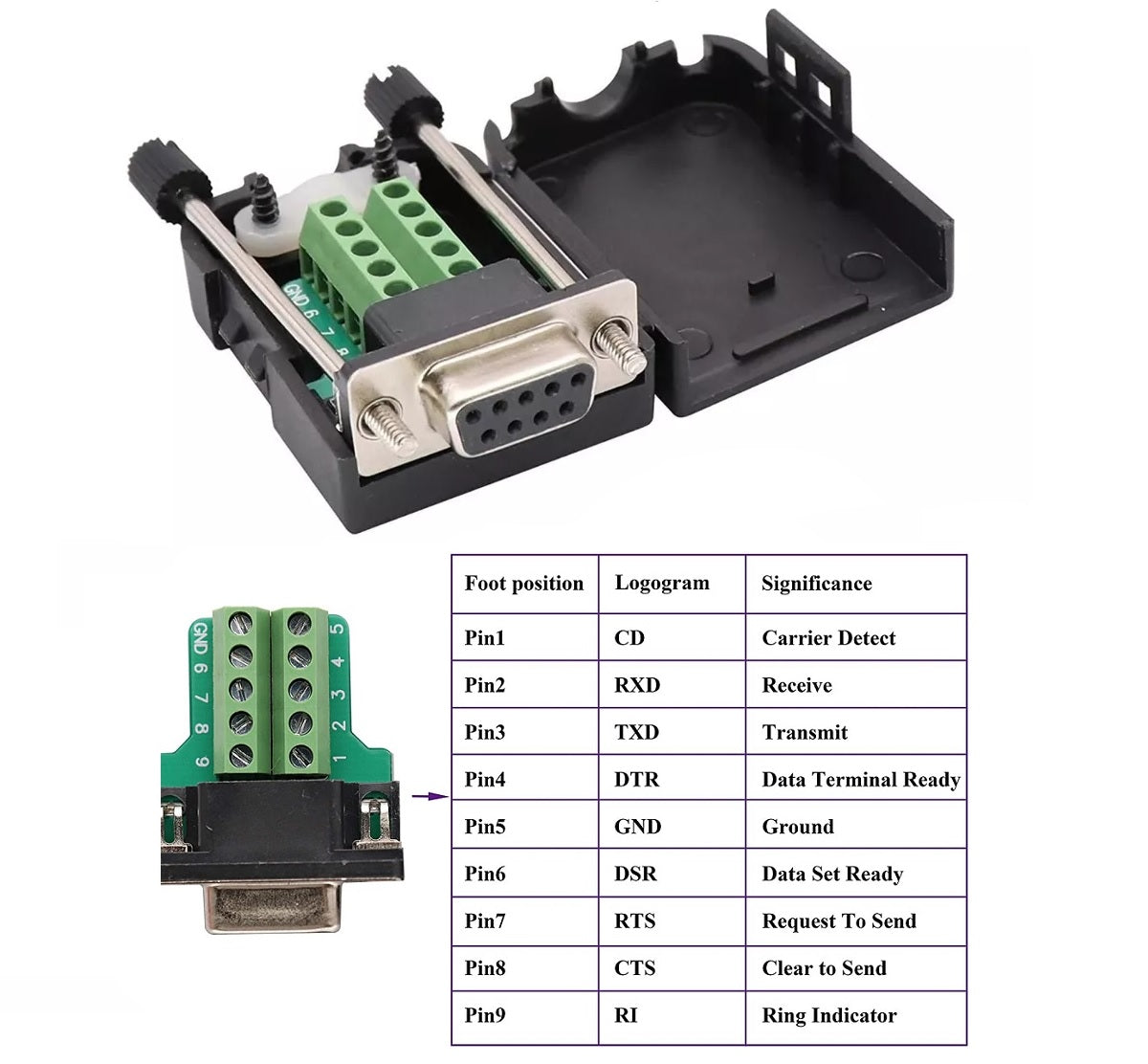 DB9 Female Screw Terminal to RS232 RS485 Conversion Board with Shell and Nut